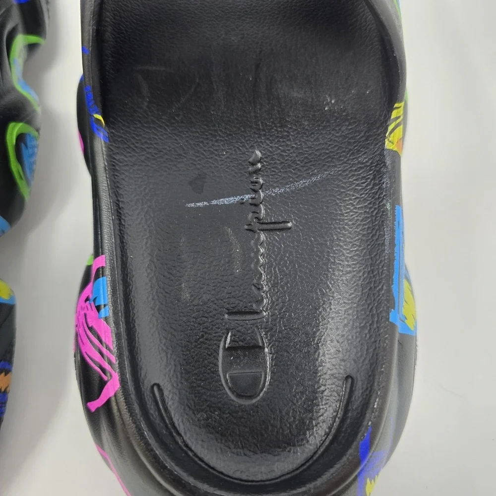 Champion Kids Hyper Slide Black Multicolor Scribble Logo Platform Sandals Size 5